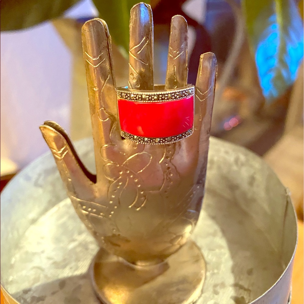 NWOT Coral, Marcasite & Sterling Silver Ring